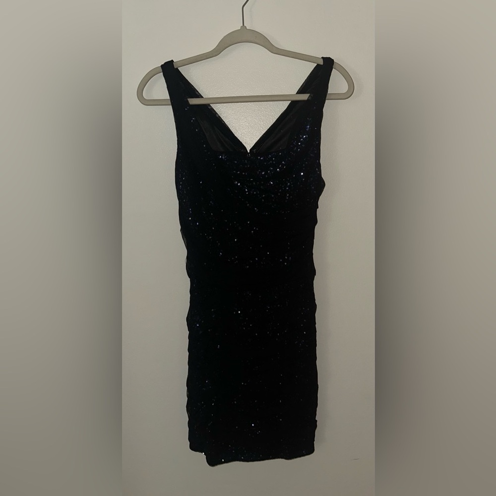 EXPRESS Blue Sequin/Black Overlay Glitter Dress